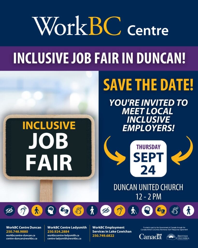 Graphic of a sign reading "Job Fair". Text: Inclusive Job Fair in Duncan! You're invited to meet local inclusive employers. September 24 from 12 to 2 pm at Duncan United Church. 