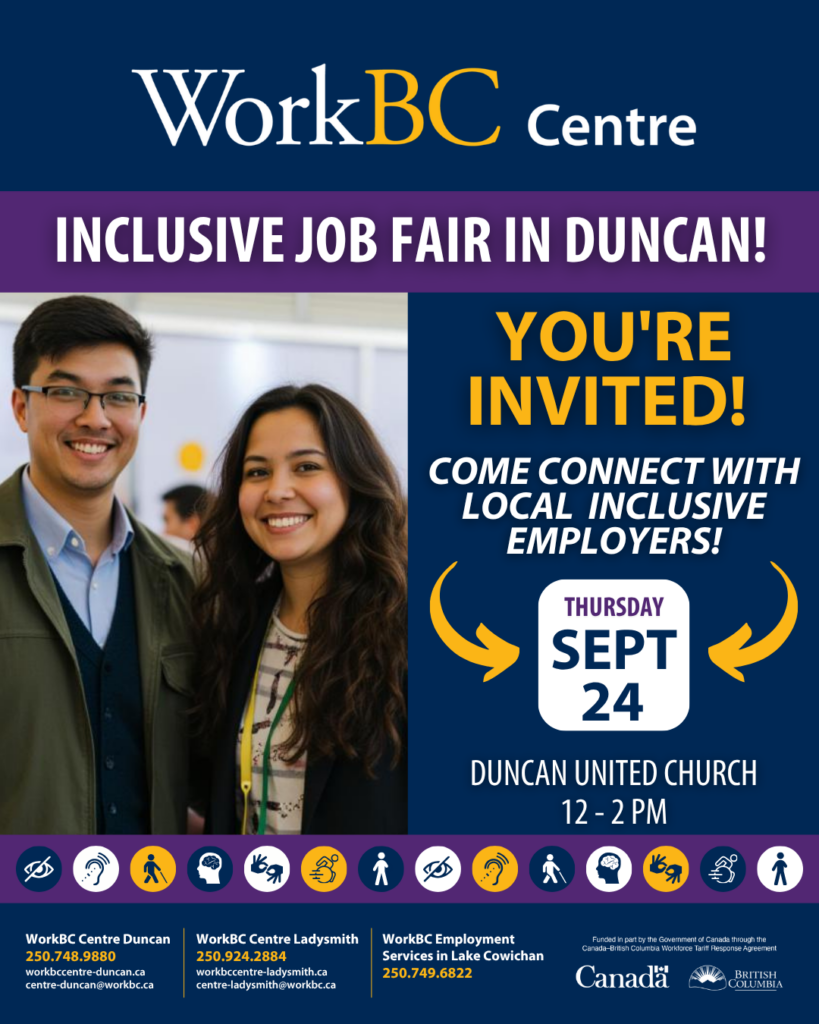Job fair poster with two people. Text: Inclusive Job Fair in Duncan! You're invited to meet local Cowichan Valley employers. Sept 24 from 12 to 2pm at Duncan United Church.